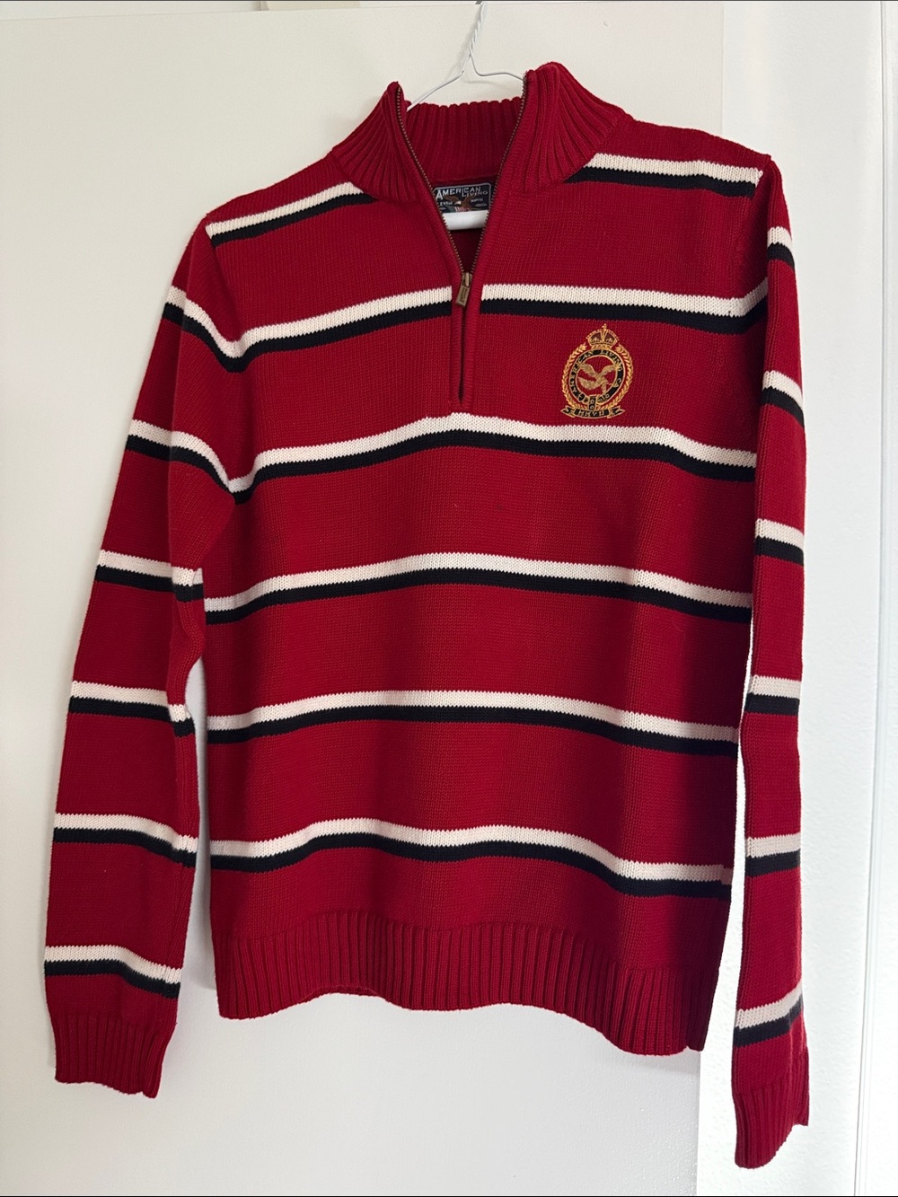 American Living Red Striped Half-Zip Sweater with Crest